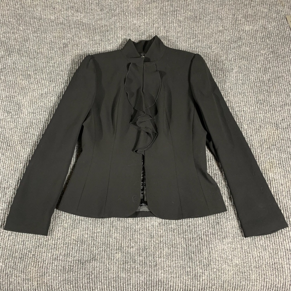 Tahari Arthur Levine Blazer Womens 6 Black Open Front‎ Ruffle Sports Coat Career
